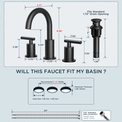TVOFEK Black Bathroom Faucets for Sink 3 Hole, 8 inch Widespread Water Faucet with Metal Pop-up Drain, Aerator and cUPC Supply Hoses