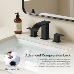 TVOFEK Waterfall Bathroom Faucet 3 Hole, 8 inch Widespread Sink Faucets Matte Black with Metal Pop-up Drain and cUPC Supply Hoses for Vanity Lavatory
