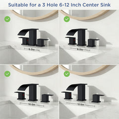 TVOFEK Waterfall Bathroom Faucet 3 Hole, 8 inch Widespread Sink Faucets Matte Black with Metal Pop-up Drain and cUPC Supply Hoses for Vanity Lavatory