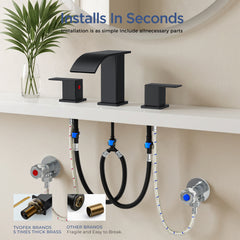 TVOFEK Waterfall Bathroom Faucet 3 Hole, 8 inch Widespread Sink Faucets Matte Black with Metal Pop-up Drain and cUPC Supply Hoses for Vanity Lavatory