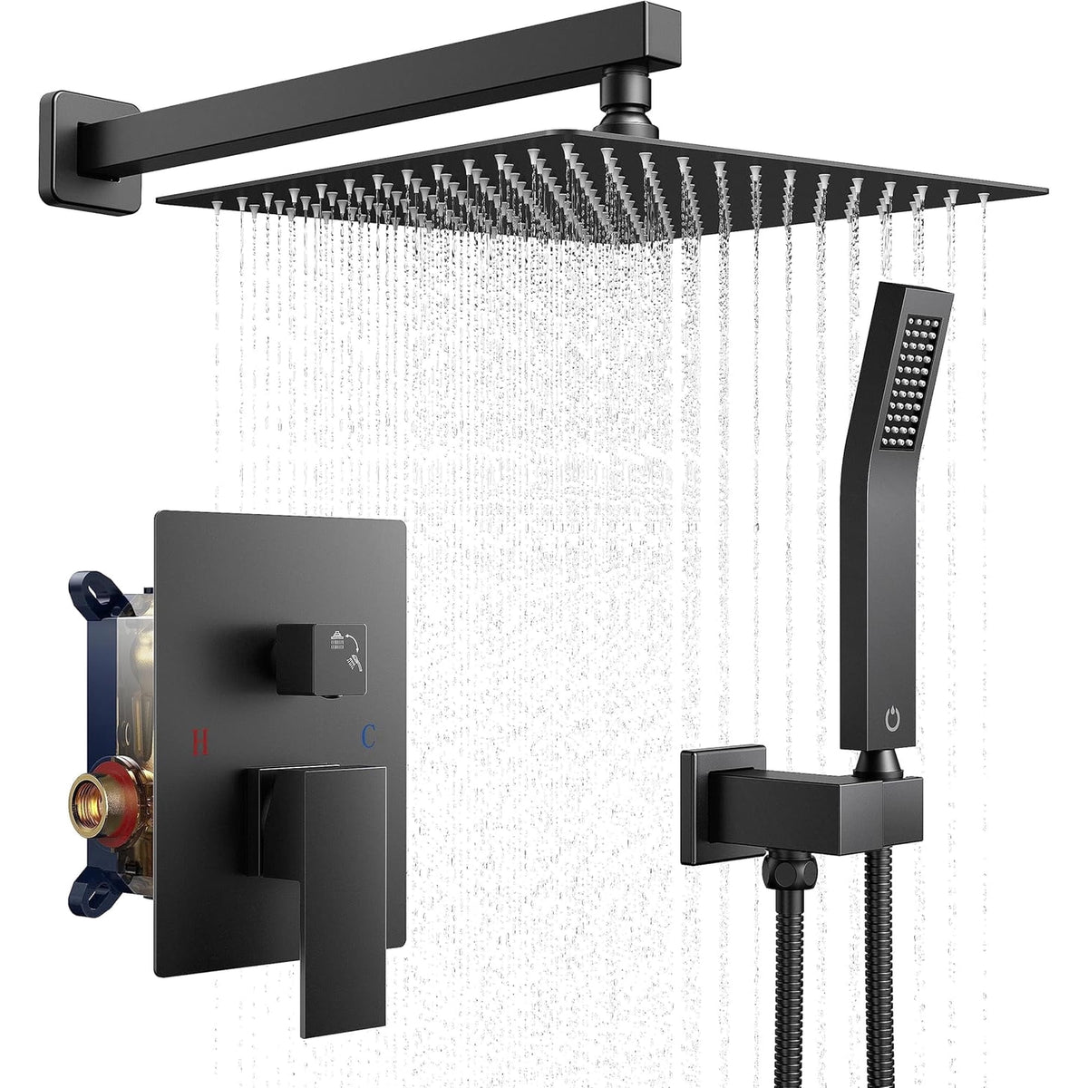 TVOFEK 12 inch Shower Faucet Set Wall Mounted, Bathroom Rain Shower Head System with handheld Combo, Pressure Balanced Valve and Fixtures, Matte Black