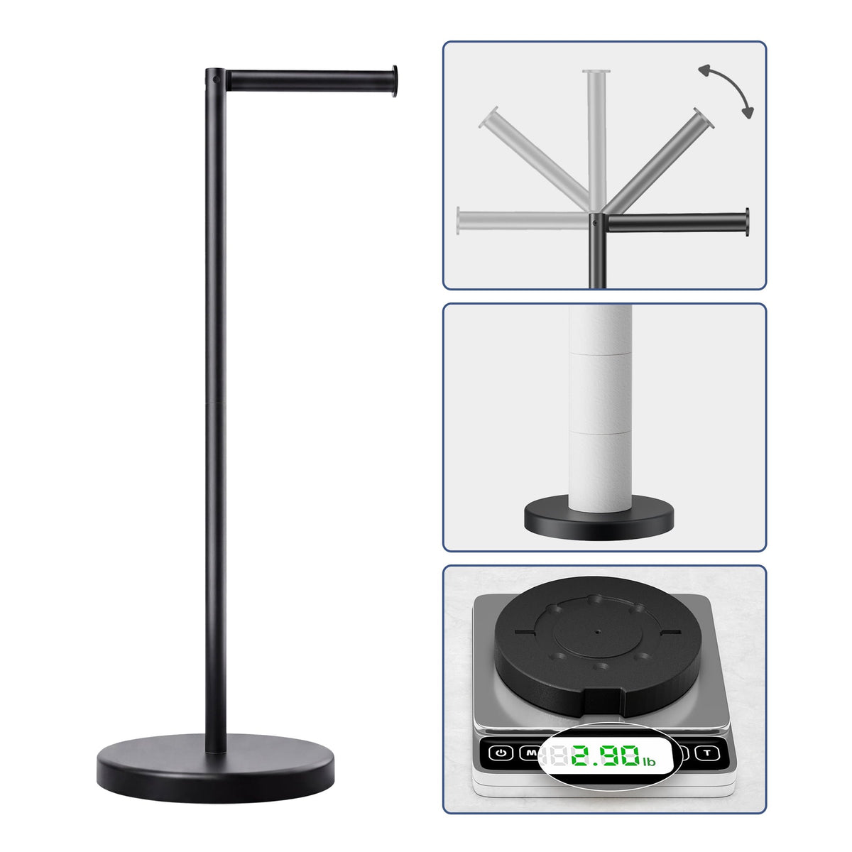 TVOFEK Toilet Paper Holder Freestanding, Stainless Steel Toilet Paper Holder Stand for 4 Rolls with Storage, Stable Weighted Base, Matte Black