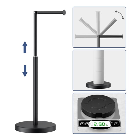 TVOFEK Toilet Paper Holder Free standing Adjustable Height, Stainless Steel Toilet Paper Holder Stand for 4 Rolls with Storage, Stable Weighted Base, Matte Black