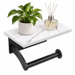 TVOFEK Toilet Paper Holder with Marble Shelf, Wall Mounted Tissue Roll Holder with Phone Storage, SUS304 Stainless Steel Bathroom Toilet Paper Dispenser for Bathroom, Washroom, Matte Black