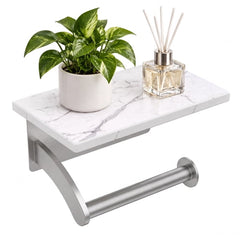 TVOFEK Toilet Paper Holder with Marble Shelf, Wall Mounted Tissue Roll Holder with Phone Storage, SUS304 Stainless Steel Bathroom Toilet Paper Dispenser for Bathroom, Washroom, Matte Black