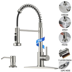 TVOFEK Kitchen Faucet with 3-Mode Sprayer, Brushed Nickel Spring Kitchen Water Faucets with Deck Plate for RV Laundry Vessel
