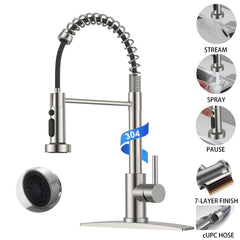 TVOFEK Kitchen Faucet with 3-Mode Sprayer, Brushed Nickel Spring Kitchen Water Faucets with Deck Plate for RV Laundry Vessel