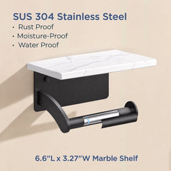 TVOFEK Toilet Paper Holder with Marble Shelf, Wall Mounted Tissue Roll Holder with Phone Storage, SUS304 Stainless Steel Bathroom Toilet Paper Dispenser for Bathroom, Washroom, Matte Black